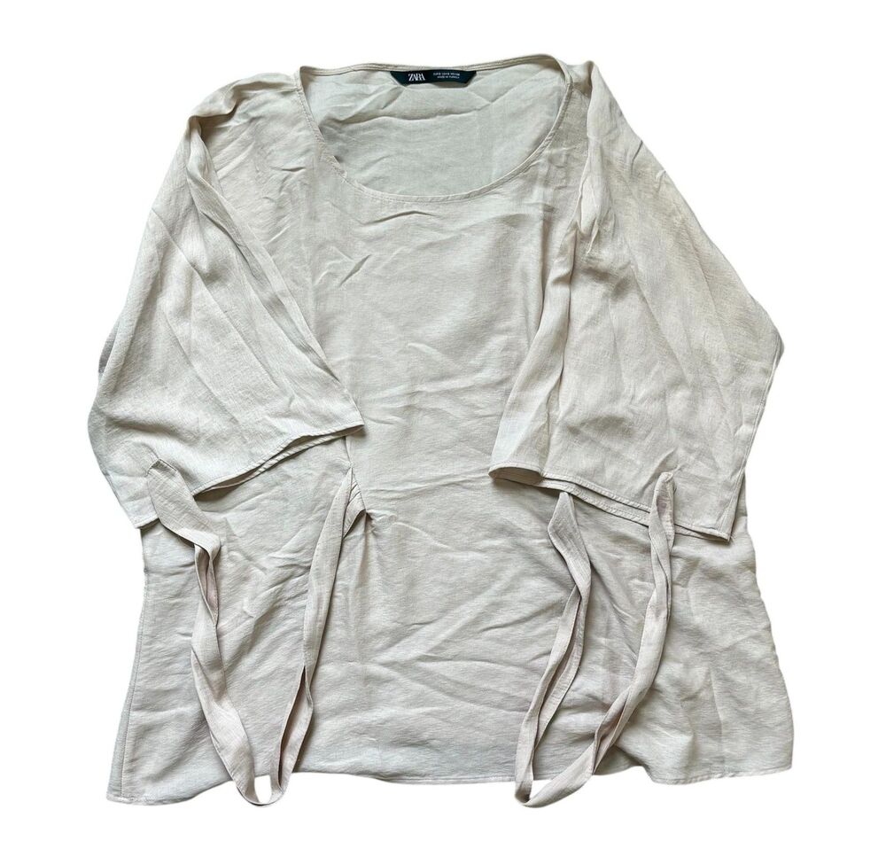 Zara Blouse Womens Small Beige Kimono Sleeve Belted Tie Casual Relaxed Fit